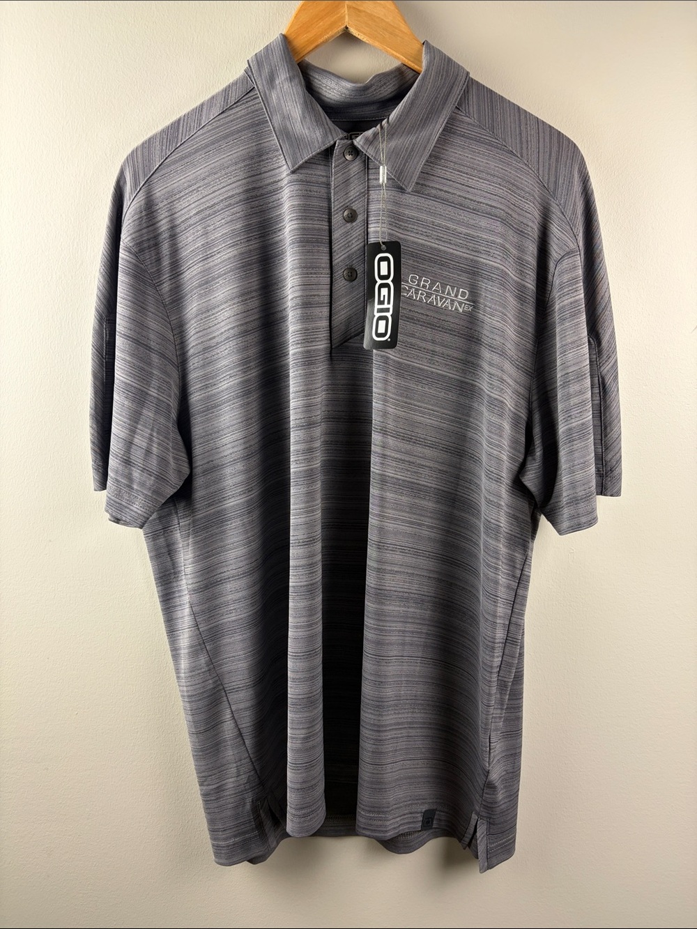 New!OGIO Men's Gray Striped Polo - Grand Caravan Embroidered